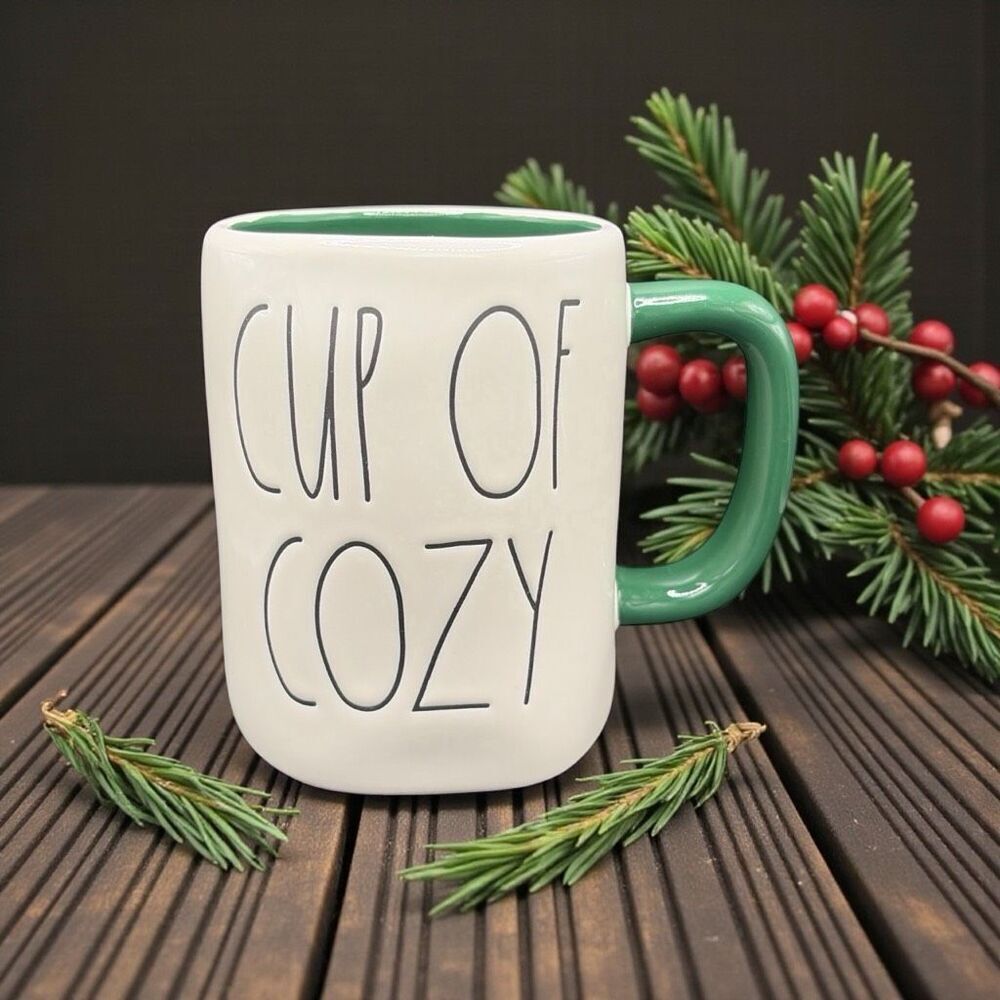 Rae Dunn “Cup of Cozy” Mug Green Interior Raised‎ Hot Coco on Back